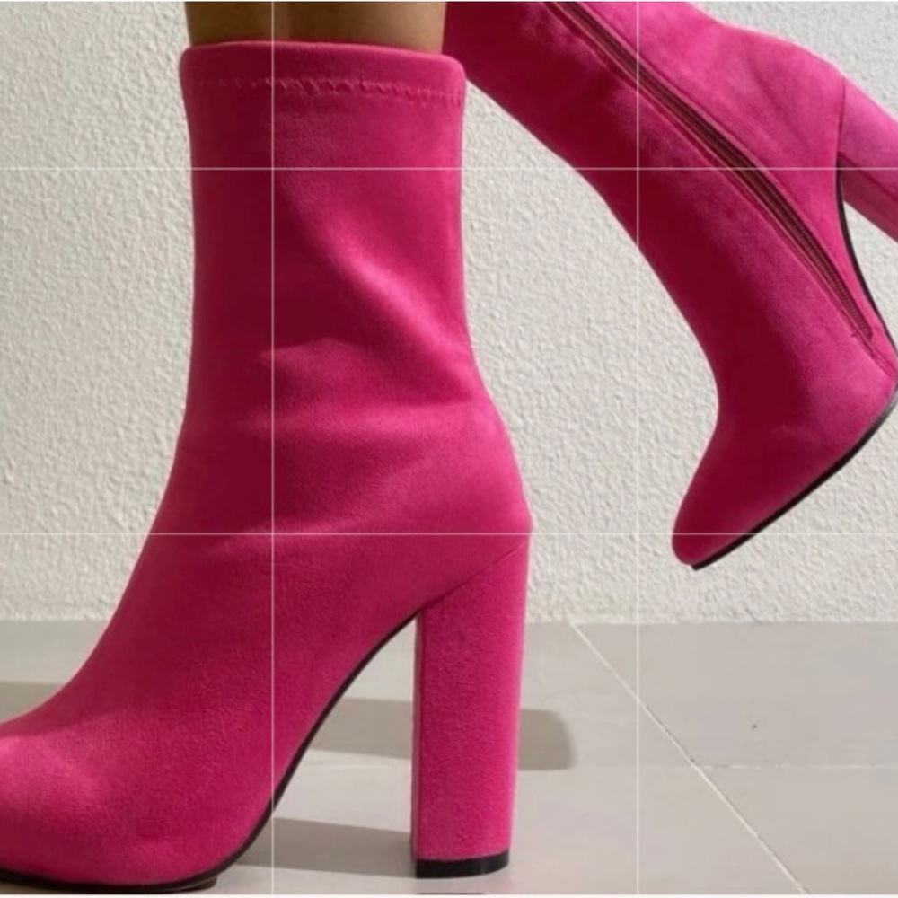 Hot pink suede mid calf sock boots